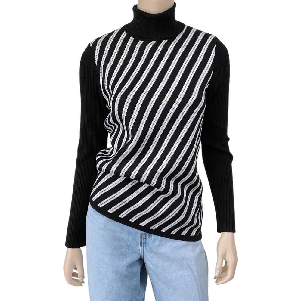 Anne Klein Sweater Women‎ Small Black White Long Sleeve Turtleneck Stripe NWT